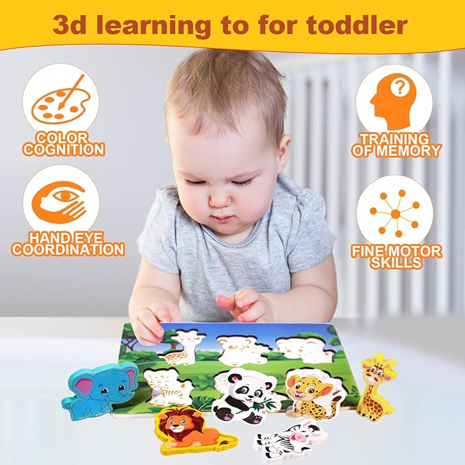 Wooden Peg Puzzle for Toddlers 1-3 Year Old,Funsland Puzzles Gifts Colorful Toys Cartoon Gifts,Zoo Animals Puzzles