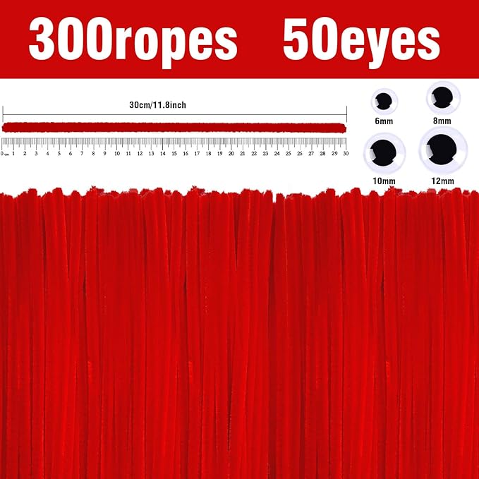 URSDIART (350pcs/Set) Red Pipe Cleaners and Wiggle Eyes,12 Inch 300pcs Red Pipe Cleaners for Crafts,Chenille Stems Pipe Cleaners Bulk Fuzzy Sticks DIY Creative, Christmas Decoration Art Supplies