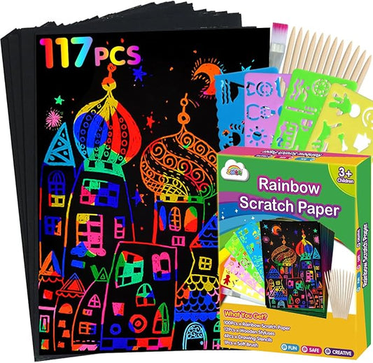 ZMLM Rainbow Scratch Paper Kit: 117Pcs Magic Art Craft Stuff Supplies Black Drawing Pad for Age 3-12 Kids Children Girl Boy DIY Toy Activity Educational Party Faver Christmas Birthday Gifts