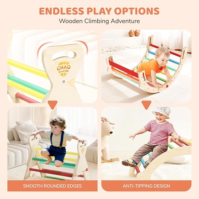 Pikler Triangle Set 7-in-1 Foldable Montessori Wooden Climbing Toys for Toddlers 1-5 Years Indoor Jungle Gym with Slide, Arch Ladder & Ramp Solid Wood Baby Activity Climber（ Rainbow）