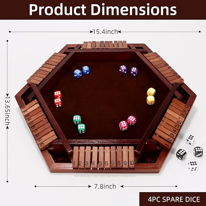 Shut The Box Game Wooden Board 6-Way with Carry Bags and 16 Dice, Portable Close The Box Game for 1-6 Players, Math Educational for Kids, Adults (Instruction Included)