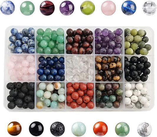 375pcs 8mm Polished Natural Stone Beads Crystals Round Genuine Real Stone Beading Loose Gemstone DIY for Bracelet Necklace Earrings(8mm,15 Color Mix-S2)
