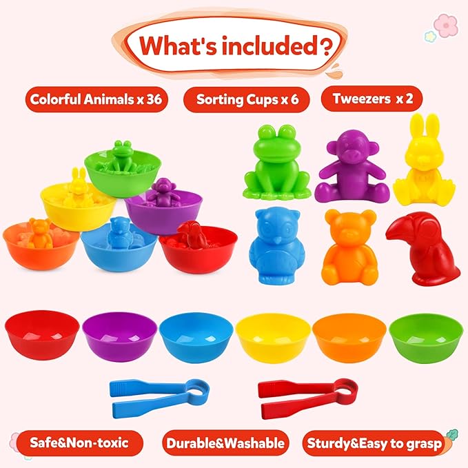 RAEQKS Counting Sorting Toys Matching Stacking Toys With Bowls Preschool Learning Activities For Math Montessori Fine Motor Skills Sensory Animals Toy Sets Gift for Toddlers Kids Boy Girl Aged 3+ Year