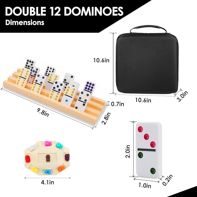 Mexican Train Dominoes Set Double 12 Colored Dot Dominos with 8 Wooden Racks & 91 Tiles Portable Travel Case Classic Family Board Game Cognitive Strategy Game for Adults Kids