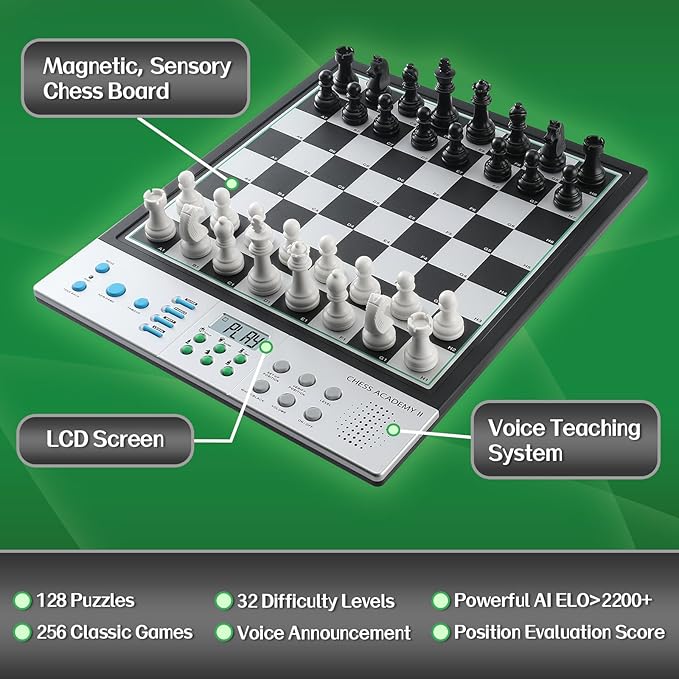 Advanced Electronic Chess Board, Smart Computer Chess Set, AI Voice Coach Learning for Kids, ELO 2200+ for Improving Players, Magnetic Large Pieces & Board Perfect for Adults, LCD Display(Silver)