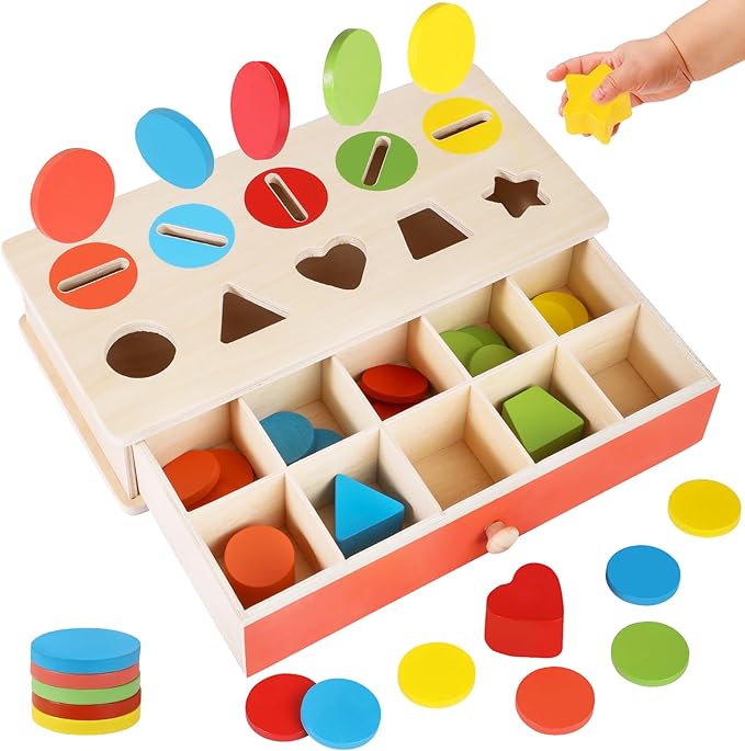 Wooden Color Shape Sorting Matching Toys, Shape Sorters for Toddlers, Fine Motor Skills Early Learning Montessori Toys, Gift for 3 4 5 6 Year Old Boy Girl Kid Gifts
