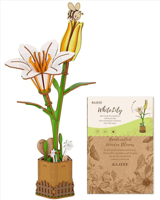 KAAYEE Wooden 3D Flower Puzzles for Adults-WhiteLily, Wooden Flowers Model Kit Set DIY Crafts to Build, Mother's Day/Botanical Collection/Ideal Creative Gift Ideas/Housewarming