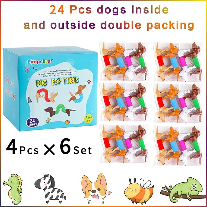 Dog pop Tubes fidgets, Stocking Stuffers for Kids, Sensory Toys for Kids 5-7, fidgets for Toddlers, Toddler Stocking Stuffers, Easter Egg fillers,Easter Basket（24 Pcs Dog）