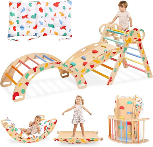 wingyz Pikler Triangle Climbing Set with Cushion,Wooden 8 in 1 Jungle Gyms for Toddlers 1-3, Indoor Playground for Kids,Baby Montessori Climber Gift（Rainbow）