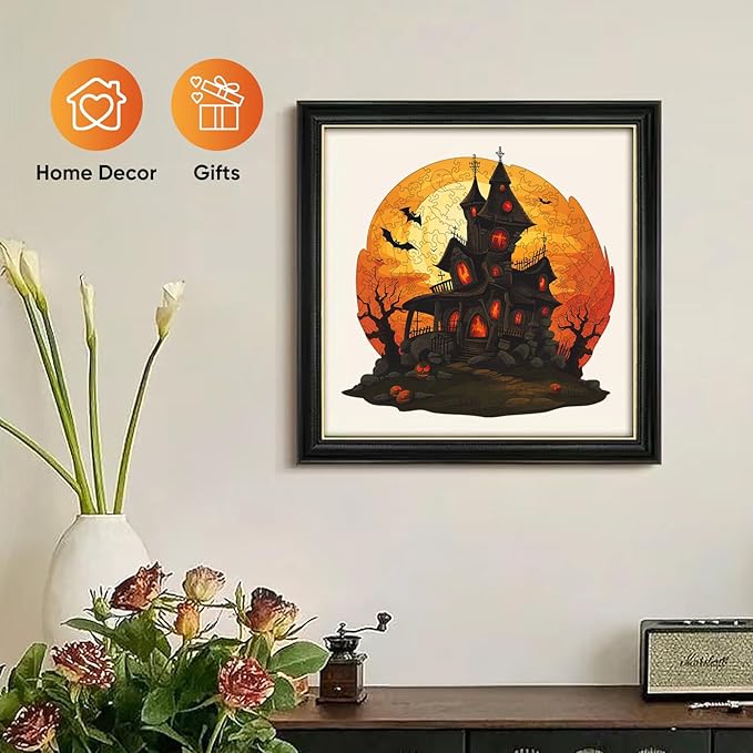 Ruikiyart Wooden Puzzles for Adults, 5MM 200 Pieces Halloween Castle Wooden Jigsaw Puzzles, Unique Shape Pieces Gift for Kids and Adults on Halloween (11.3"x11.2")