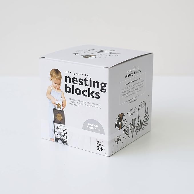 Wee Gallery Nesting Blocks, Stacking Toys for Toddlers and Kids, Educational Blocks with Numbers and Animal Illustrations for Motor Skills, Counting and Early Learning (Ages 2 & Up), Ocean Animals