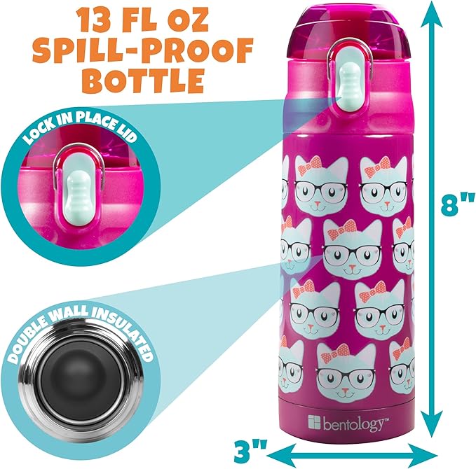 Bentology Kids Lunch Bag Set Pink Kitty- Thick Padded Handle, Insulated Tote, Reusable Hard Ice Pack & Insulated Stainless Steel Water Bottle- Keeps Lunch Fresh Longer, Back to School Lunchbox Kits