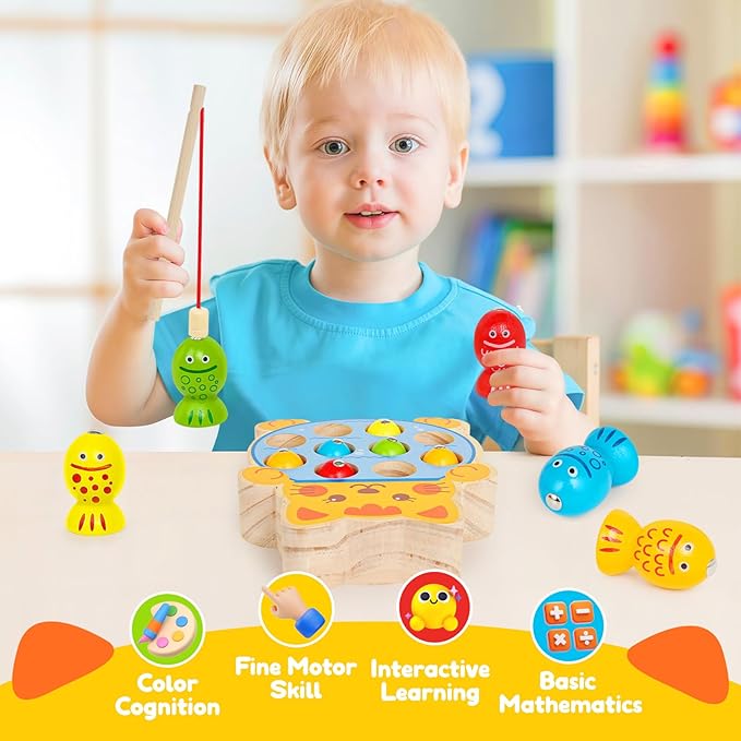 Montessori Magnetic Wooden Fishing Game for Kids 3-5, Fine Motor Skills Toys Learning Color Sorting & Hand Eyes Coordination Easter Basket Stuffers for Toddlers Boys Girls