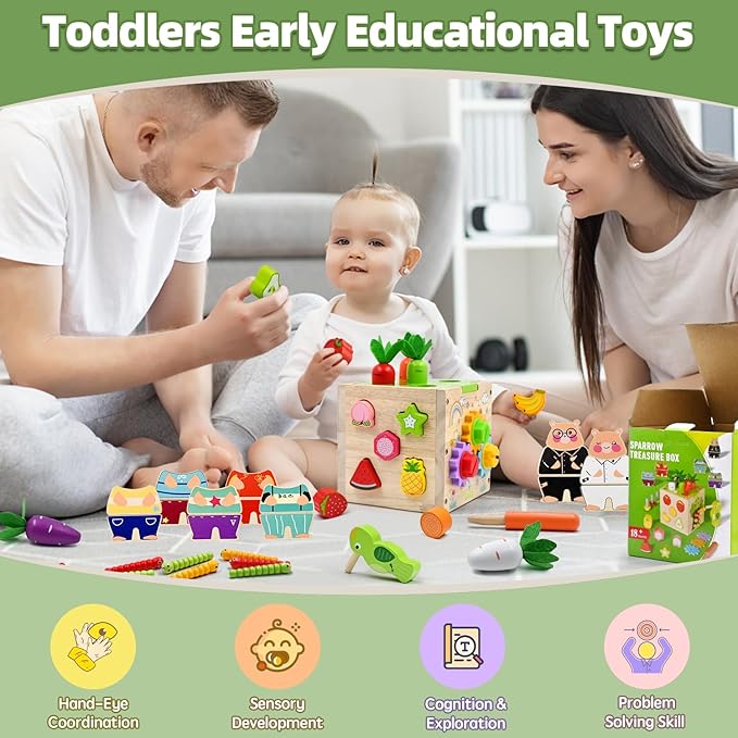 Baby Wooden Activity Cube Montessori Toys for 1 2 3 4 Year Old Boys Girls Birthday Gifts, 5 in 1 Early Educational Learning Toys for Toddlers Kids 12 18 24 Month Fine Motor Skill Games