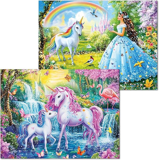 Pack of 2, 100 Piece Jigsaw Puzzles for Adults and Teens and Kids Family Happy Games Princess Unicorns Puzzles
