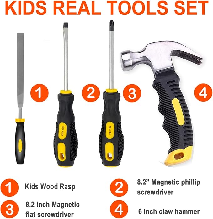 Kids Real 20Pcs Construction Tool Set with Blue Toolbox and Protective Clothing, Beginner Woodworking Tool Set, Educational Gift