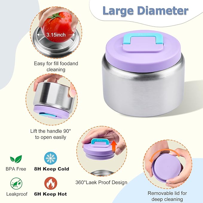 MAISON HUIS Kids Bento Box Set - Includes 8oz Soup Thermo, Insulated Lunch Bag & 17oz Stainless Steel Water Bottle, 5-Compartment Bento Box with Built-In Ice Pack, Leak-Proof & BPA-Free(Purple)