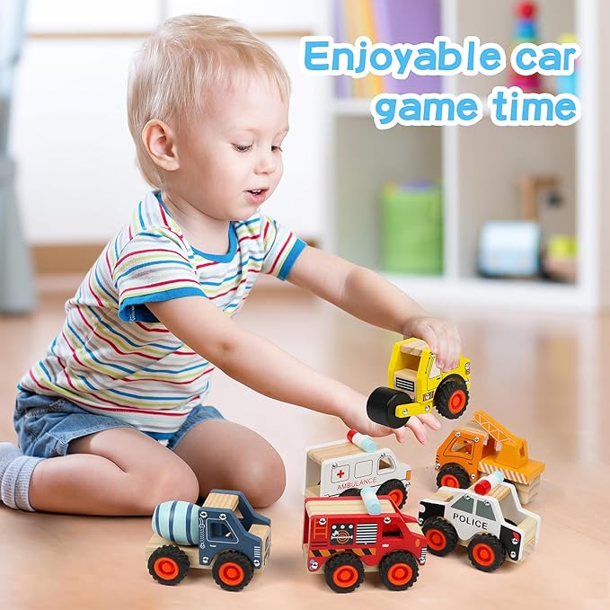 6Pcs Wooden Cars for Toddlers 1-3, Push and Go Vehicles, Kid Toys, Hand Push Cars for 1+ Year Old, Montessori