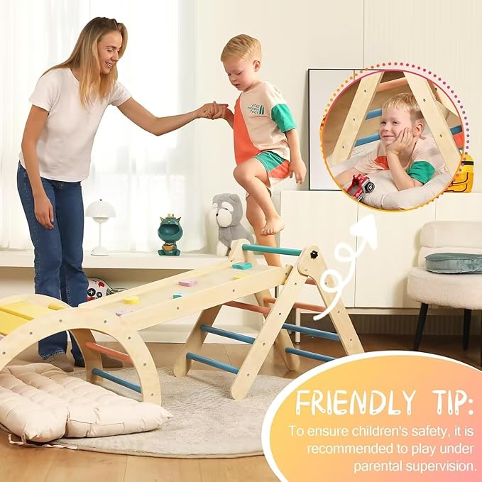 Pikler Triangle Set with Cushion, 7 in 1 Toddler Climbing Toys Indoor, Montessori Foldable Climbing Set, Wooden Climbing Toys for Toddlers 1-3 Inside with Ramp, Arch and Ladder (Rainbow)