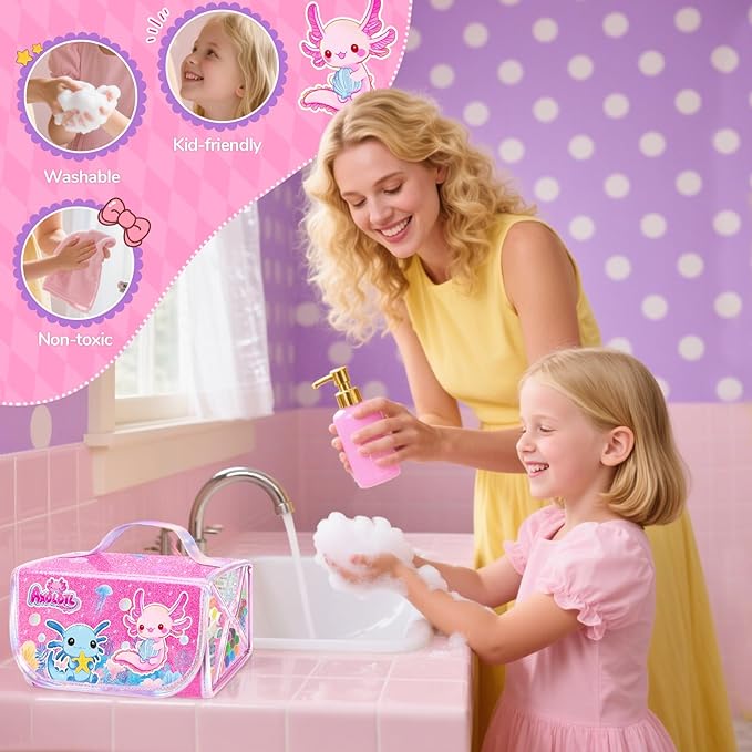 70PCS Axolotl Washable Markers Set with Glitter Pencil Case,Art Supplies for Kids Ages 4-6-8,Drawing Coloring Art Craft Kits for Girls with Marker,Glitter Pens,Crayon,Birthday Gifts Toys for Girls