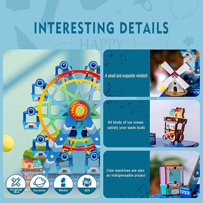3D Wooden Puzzles Ferris Wheel DIY Rotating Music Box Kit 3D Wooden Jigsaw Puzzle Adult Teen Birthday Gifts and Toys for Kids（Lucky Ferris Wheel Music Box）