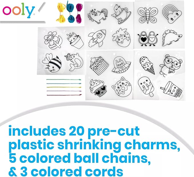 Ooly Shrink-Its 28 PC DIY Shrinking Art Kit That Creates Charms and Tags, Includes 20 Plastic Pre Cut Charms and More, No Mess Art for Kids, DIY Gifts for Kids, Ideal Party Favor - Cute Crew