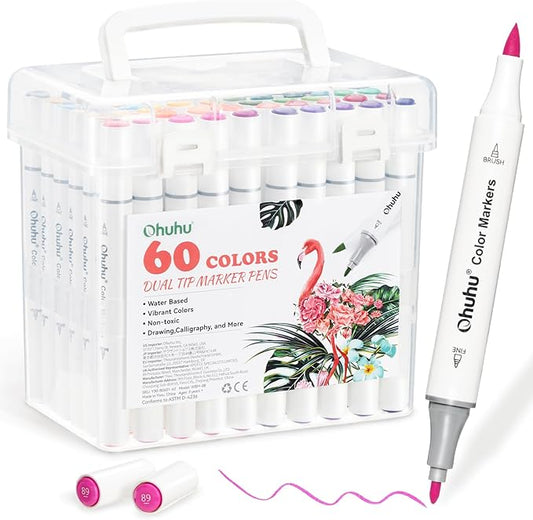 Ohuhu Markers for Adult Coloring Books No Bleeding 60 Colors Water-based Dual Tips Coloring Markers for Kids Adults Beginners Drawing Pens for Journaling Lettering (Brush & Fine)