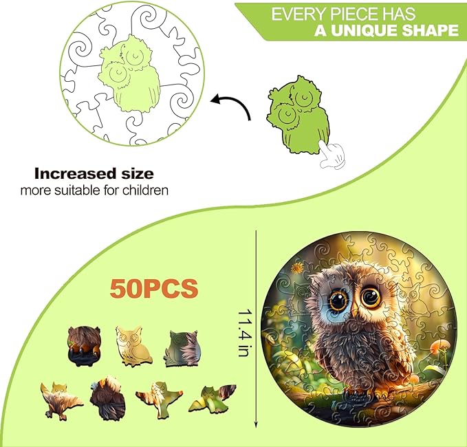 Wooden Puzzles for Kids Ages 6-8 - 50 Pieces Cute Owl Puzzle - Unique Animal Shaped Puzzles Ages 5-8 - Birthday Gift for Kids(11.4x11.4in)‌
