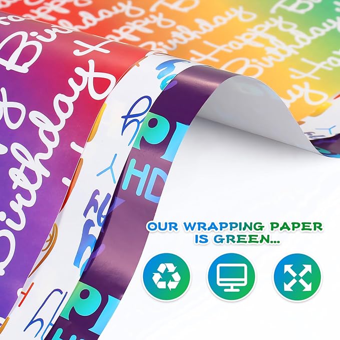 Wrapping Paper Birthday Wrapping Paper Sheets Hradient Multi-colour Happy Birthday Paper Set Include Bday Gift Wrap withTags & Ribbon,Present wrap for Boys Men Girls Women