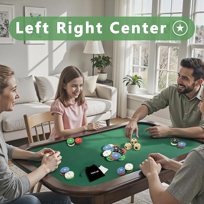 Left Right Center Dice Game Set with 3Pcs 1Inch Wood Dices + 50pcs Colorful Poker Chips (Wood Set)