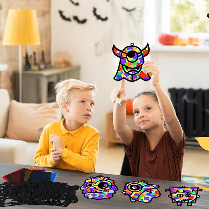 32 Sets Halloween Monster Suncatchers Craft Kit DIY Window Stained Glass Effect Halloween Monster Paper Crafts Home School Classroom Decoration Kid Birthday Gift Creative Art Project Activity Game