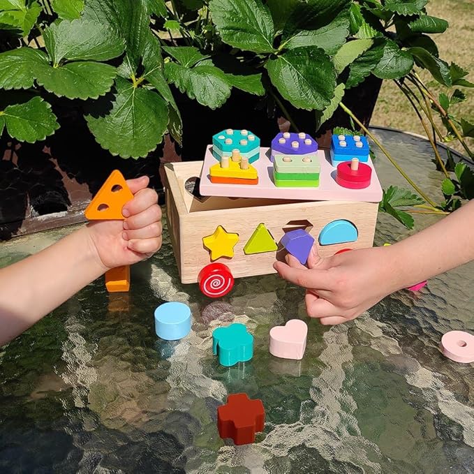 Wooden Shape Sorter Toy, Shape Stacking Toys for toddlers 1-3, Montessori Toys for 1 2 3 Year Old Kids and Toddlers, Wooden Shape Sorter Baby Toys, Sensory Toys for Toddlers 1-3 Wooden Stacking Blocks