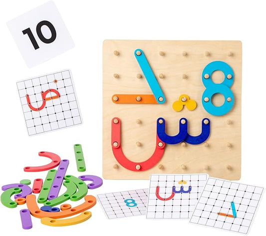 Wooden Arabic Letters Construction Pegboard, Educational Toy for Alphabet and Number Early Learning,Fine Motor Skill Exercise