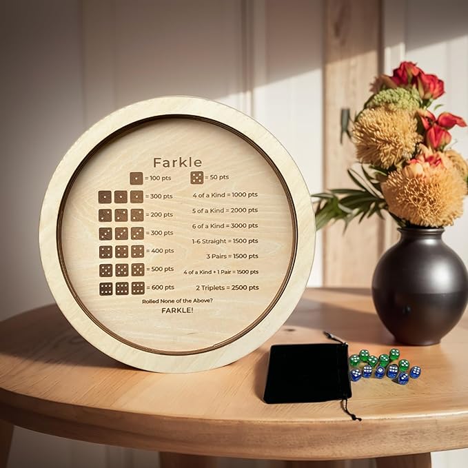 Farkle Dice Tray, Farkle Classic Dice Game with Tray and 2 Sets of 6 Pearl Dice, 12" Wooden Dice Tray for The Classic Family Game