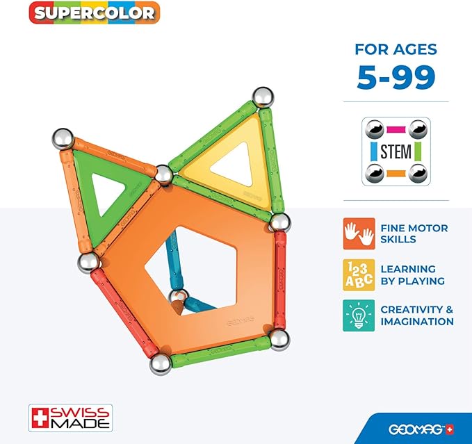 Geomag Supercolor Magnetic Toys for Kids Ages 5+, 35pc Educational STEM Magnets for Kids - Swiss-Made Magnetic Blocks, Tiles and Building Toys from 100% Recycled Plastic