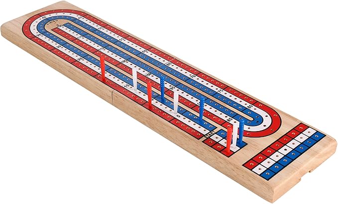 STERLING Games Folding Cribbage 3 Track Wooden Cribbage Board with Red White Blue Pegs for 3 Players