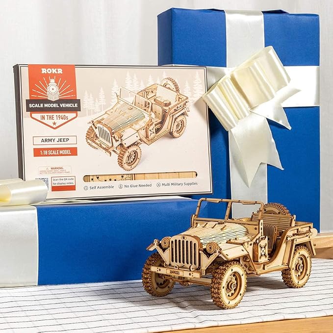 ROKR 3D Wooden Puzzle for Adults Mechanical Car Model-DIY Building Vehicle Kits-Brain Teaser Toys-Gift for Men Women on Birthday/Christmas Day (Army Field Car)