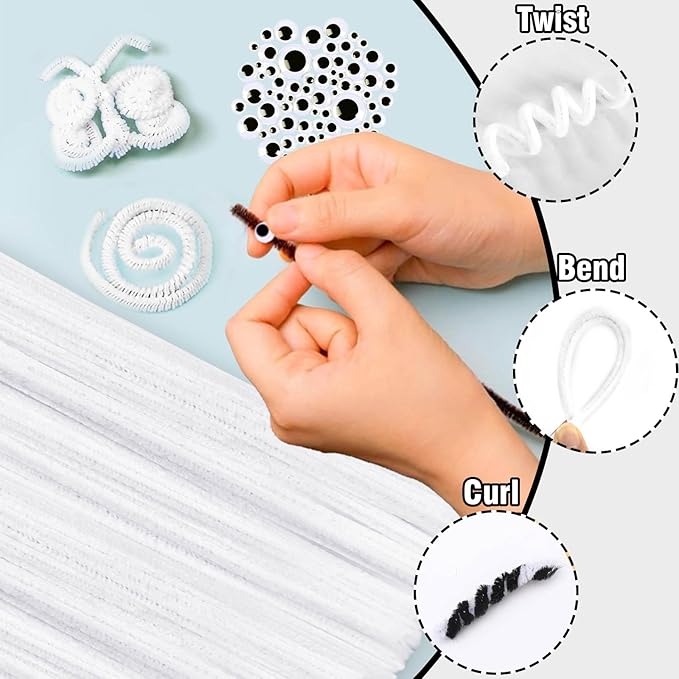 URSDIART (350pcs/Set) White Pipe Cleaners and Wiggle Eyes, 12 Inch 300pcs White Pipe Cleaners for Crafts,Chenille Stems Pipe Cleaners Bulk DIY Creative,Christmas Halloween Decoration Art Supplies