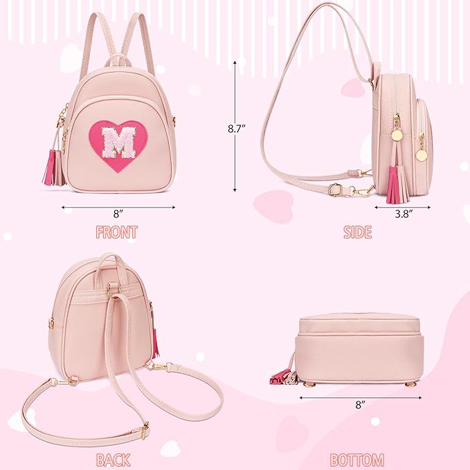 Girls Initial Mini Backpack Gifts for Kid Toddler Little Girl Teen Small Cute Heart Backpack Purse Preschool Kindergarten Bookbag，Pink-M