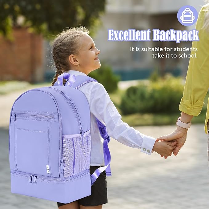 NOL Natural Organic Lifestyle Kids 2-in-1 Backpack & Insulated Lunch Bag-16"Multi-Functional Large Compartments Backpack for School & Travel, Double Deck,Water Resistant,Leak-proof,Padded-Light purple