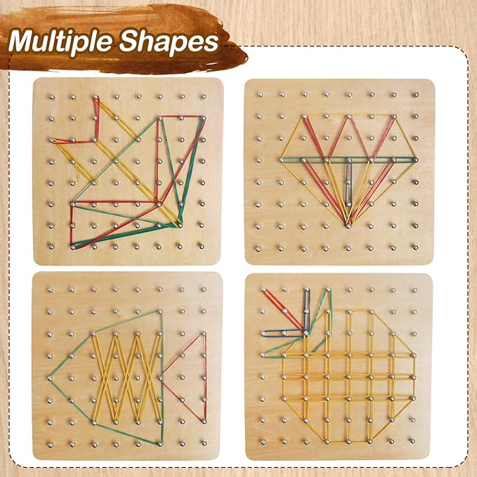 Wooden Geoboard with Rubber Bands Graphical Math Pattern Blocks Geo Board - Montessori Educational Toy for Kids with Pattern Cards and Rubber Bands Create Figures Shape STEM Puzzle Matrix Brain Teaser