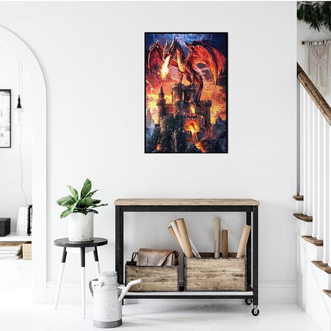 Dragon Puzzle for Adults 1000 Pieces Fantasy Red Dragon Fire Castle Puzzles Colorful and Unique Challenging Puzzle for Game Nights