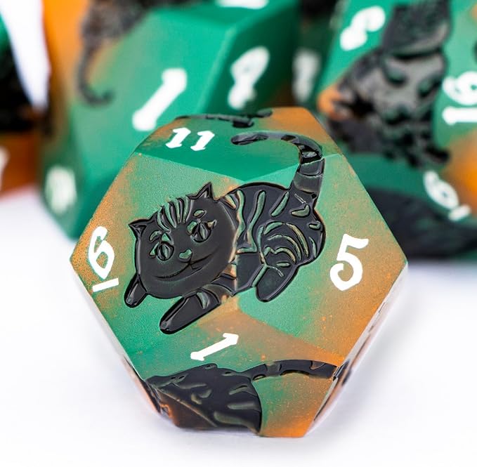 Metal DND Cat Dice 7PCS Polyhedral RPG Dice Set with Gift Case for Dungeons Dragons Role Playing Game, D and D Dice D6 D8 D10 D12 D20 D% (Orange Green)