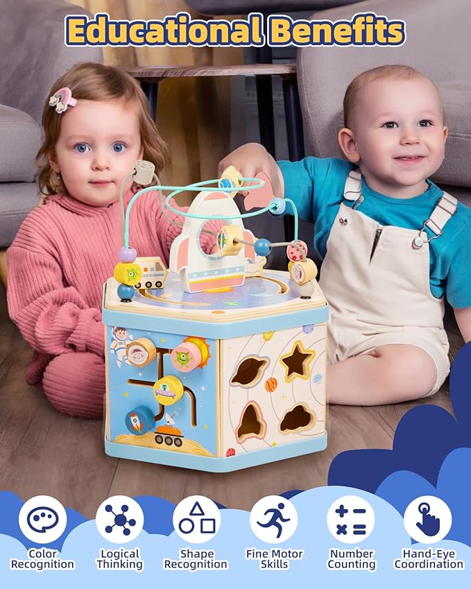 Large Wooden Space Activity Cube Toys, 9-in-1 Early Educational Montessori Learning Toys for 2 3 4 Toddlers with Abacus Bead Maze for 24+ Months Boys Girls First Birthday