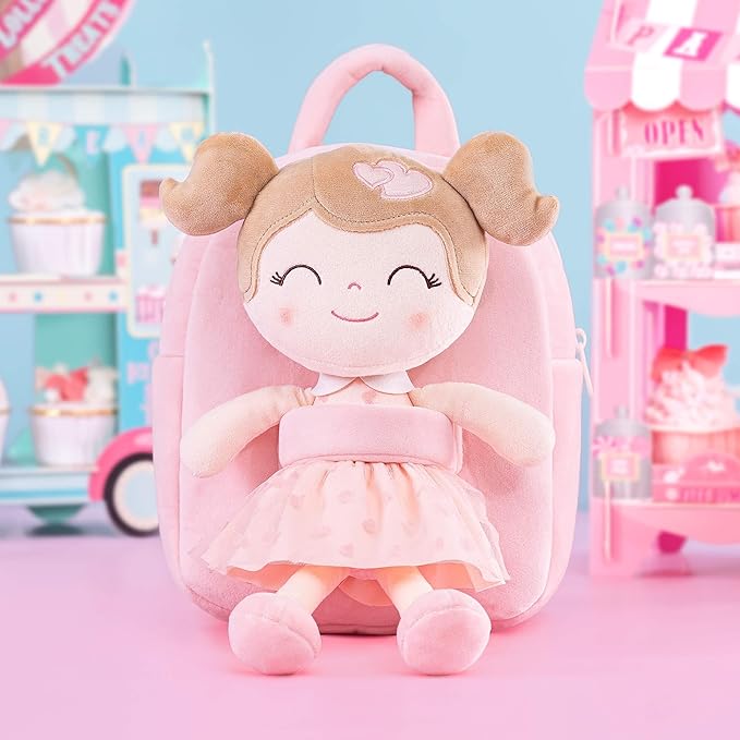 Gloveleya Toddler Backpack Baby Girl Gift Plush Bag Diaper Bag with Pink Flocking Heart Girl Backpack 9 Inches