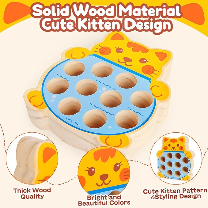 Montessori Magnetic Wooden Fishing Game for Kids 3-5, Fine Motor Skills Toys Learning Color Sorting & Hand Eyes Coordination Easter Basket Stuffers for Toddlers Boys Girls