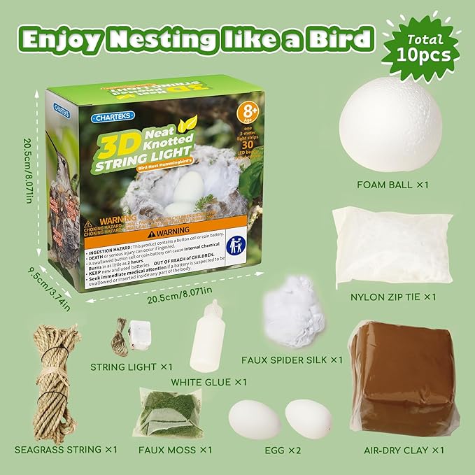 CHARTEKS DIY Bird Nest Craft Kit with 30 Twinkle LEDs and Simulated Eggs – Natural String Art Set for Home Décor, Kids STEM Toy, Creative Birthday Gift for Boys Girls Age 8+