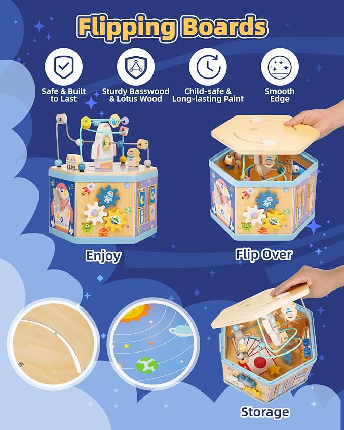 Large Wooden Space Activity Cube Toys, 9-in-1 Early Educational Montessori Learning Toys for 2 3 4 Toddlers with Abacus Bead Maze for 24+ Months Boys Girls First Birthday