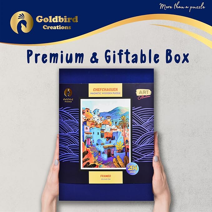 Magnetic Wooden Puzzles with Frame for Adults - Framed Wooden Jigsaw Puzzle - Rompe Cabezas para Adultos - Landscape Wall Art Decor - Original Christmas & Birthday Gift (Chefchaouen)