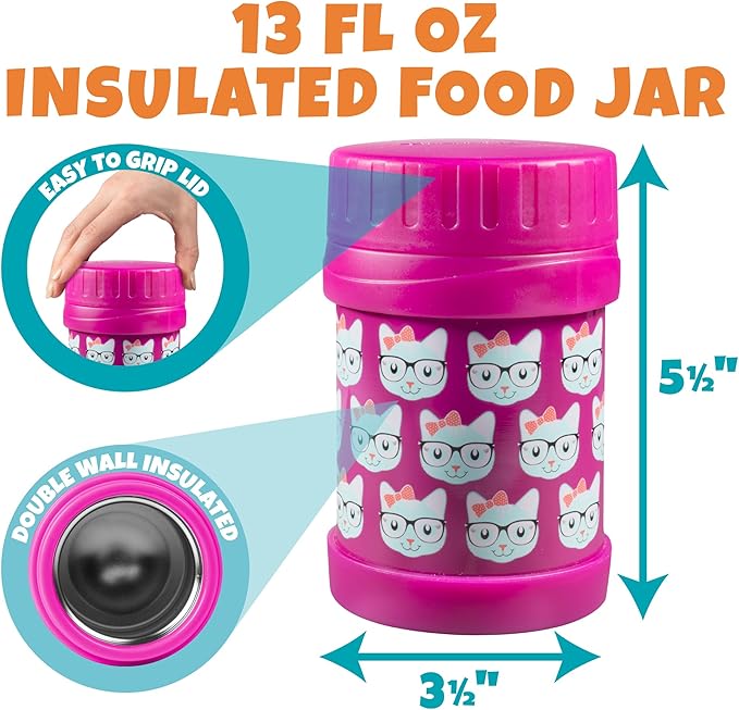 Bentology Kids Lunch Bag Set w Matching Reusable Food Jar & Hard Ice Pack- Kitty- Insulated Tote, Stainless Steel thermos & Freezer Pack to Keeps Food Fresh for Hours- Back to School Lunch Box Kits